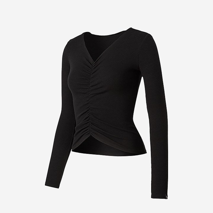 Knitted Shirring Long Sleeve_Black