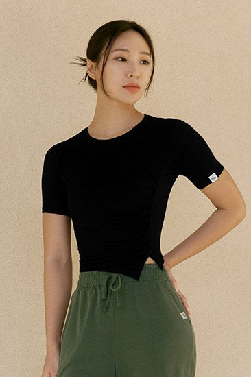 Side Shirring Unbalance Short Sleeve_Black